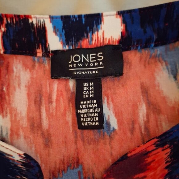 Jones New York Red and Blue Graphic Blouse with Mandarin Collar - Picture 4 of 7
